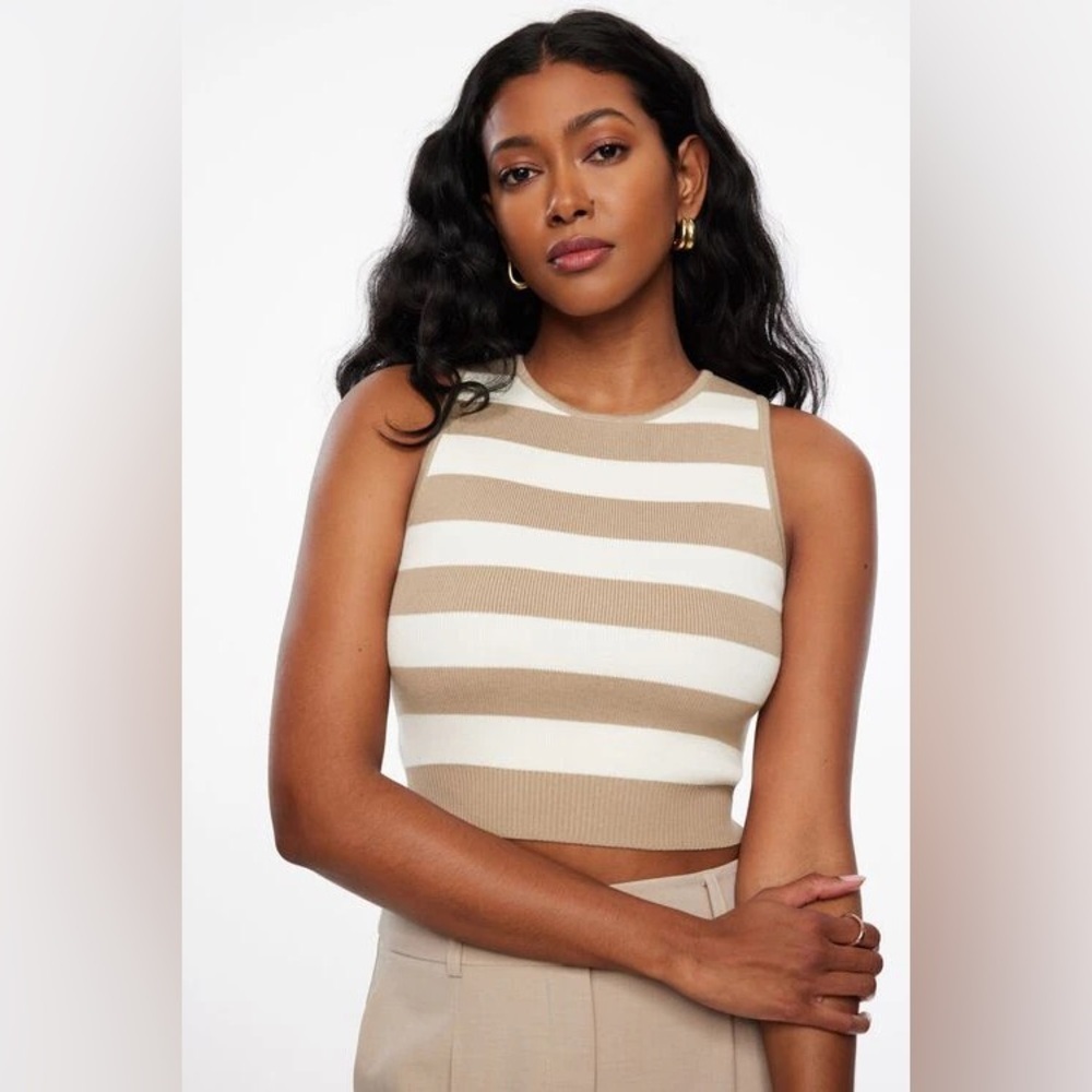 Dynamite Tan Ivory Striped Crewneck Tank Top Size Xl Knit Stretch Cropped